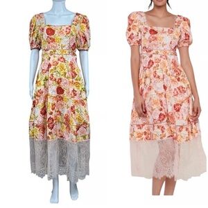 NWT Rachel Parcell Puff Sleeve Midi Dress Lace Trim Pink Floral Size 14